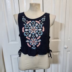Hollister Navy Blue Colorful Embroidered Tank Top W/ Side Ties